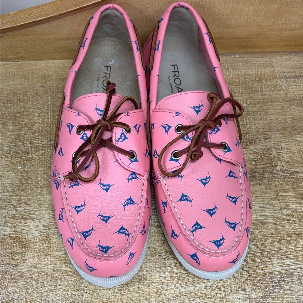 Froats Vibrant Pink Boat Shoes with Blue Fish Pattern
